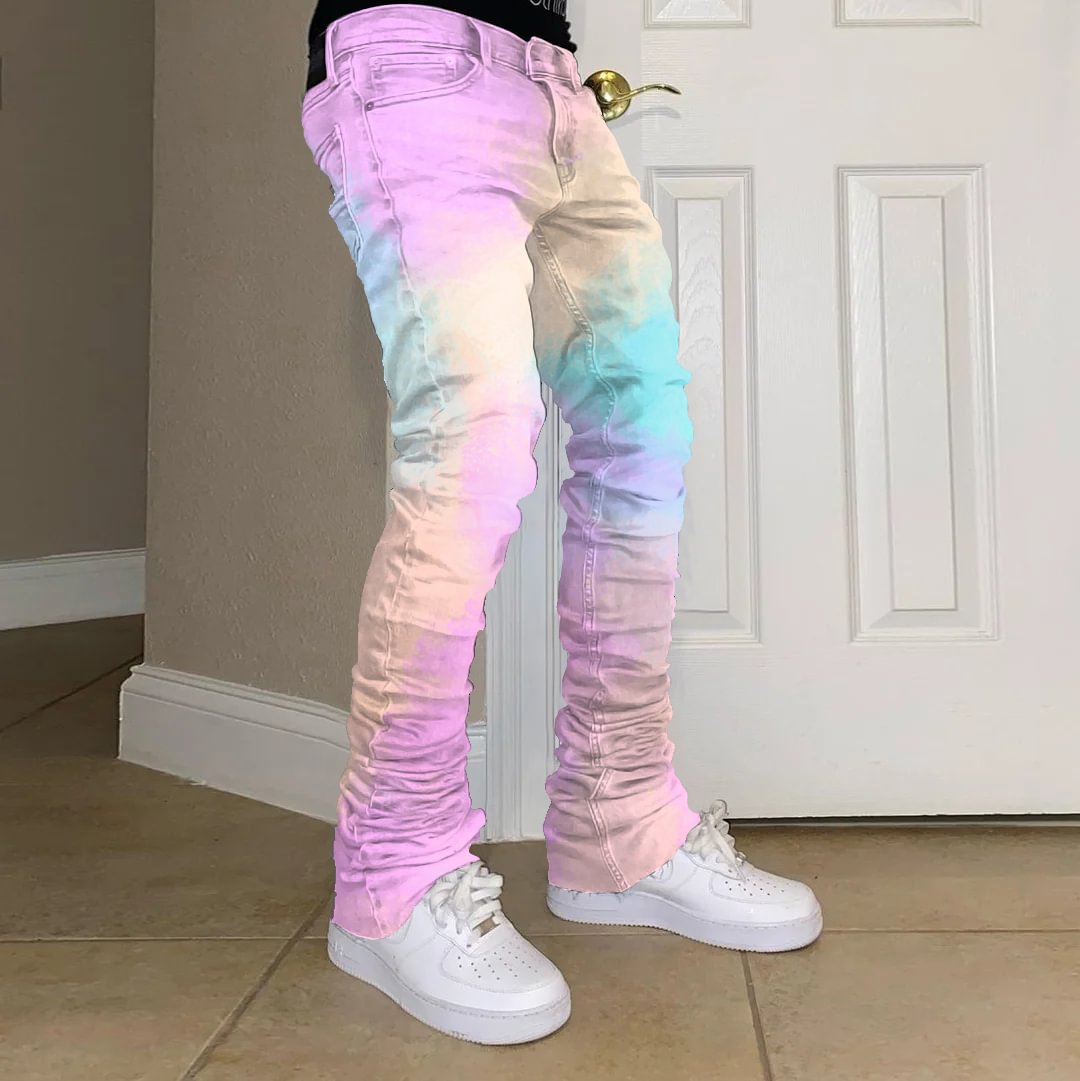 Street tie-dye colored straight-leg jeans