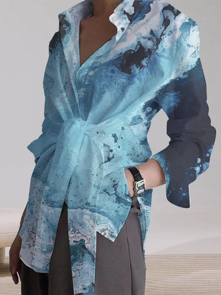 Temperament Marble Loose Tie Long Sleeve Casual Shirt Top