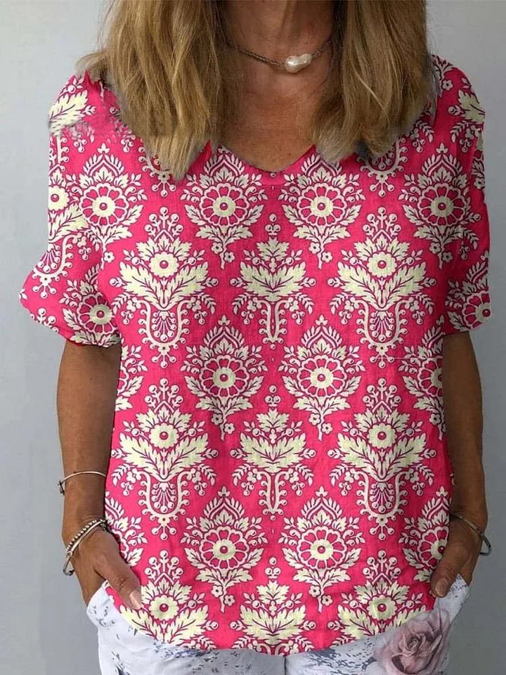 Vintage Geometric Pattern Printed Women's Casual Cotton And Linen Shirt