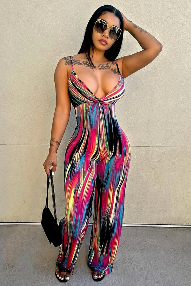 Deep V Neck Multicolor Print Wide Leg Spaghetti Strap Jumpsuit-Fuchsia