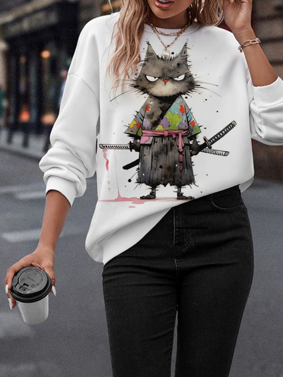 Women's Samurai Cat Graphic Print Cozy Crew Neck Sweatshirt