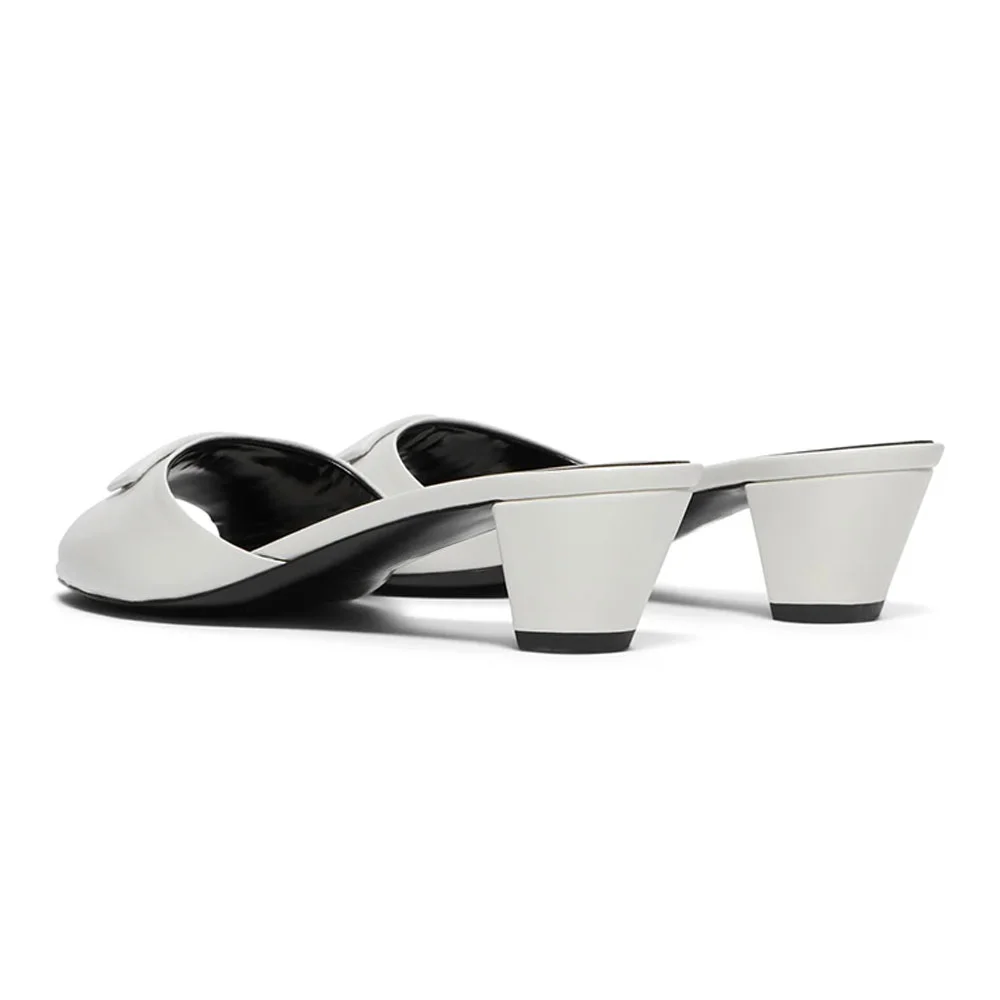 White Vegan Leather Wide Strap Square Toe Cone Heel Mules Shoes