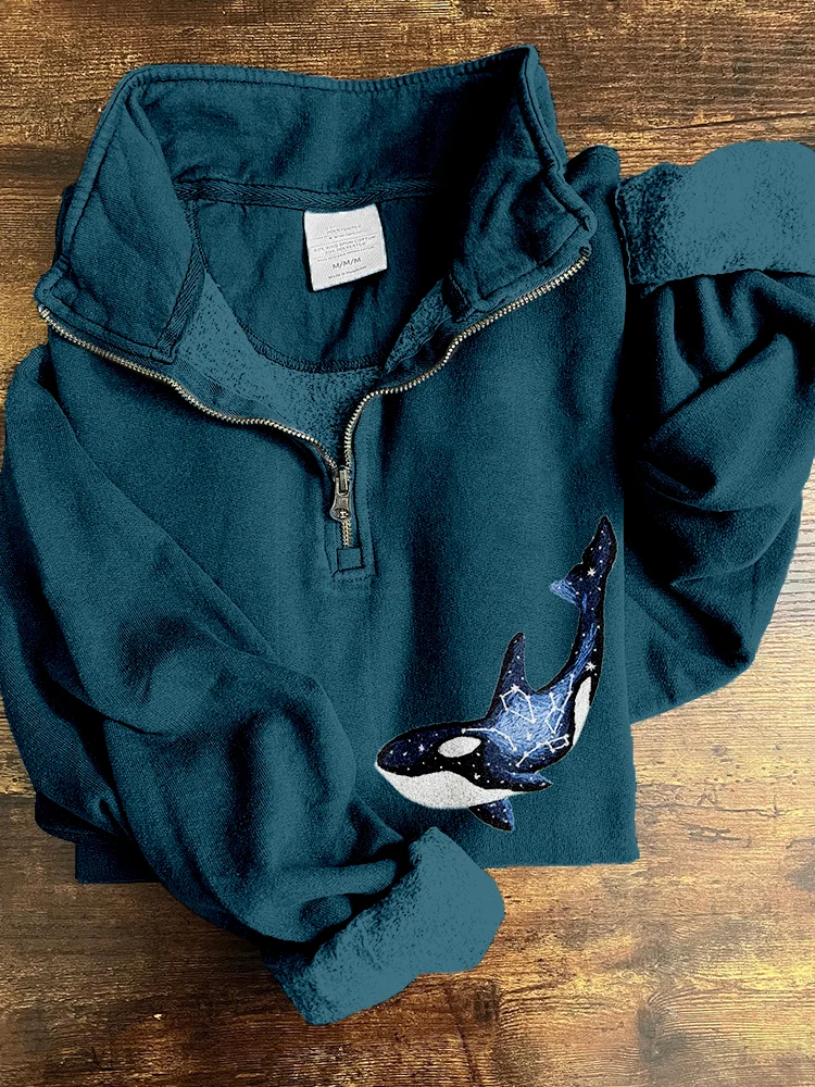 Ocean Whale Embroidery Art Zip Up Vintage Sweatshirt