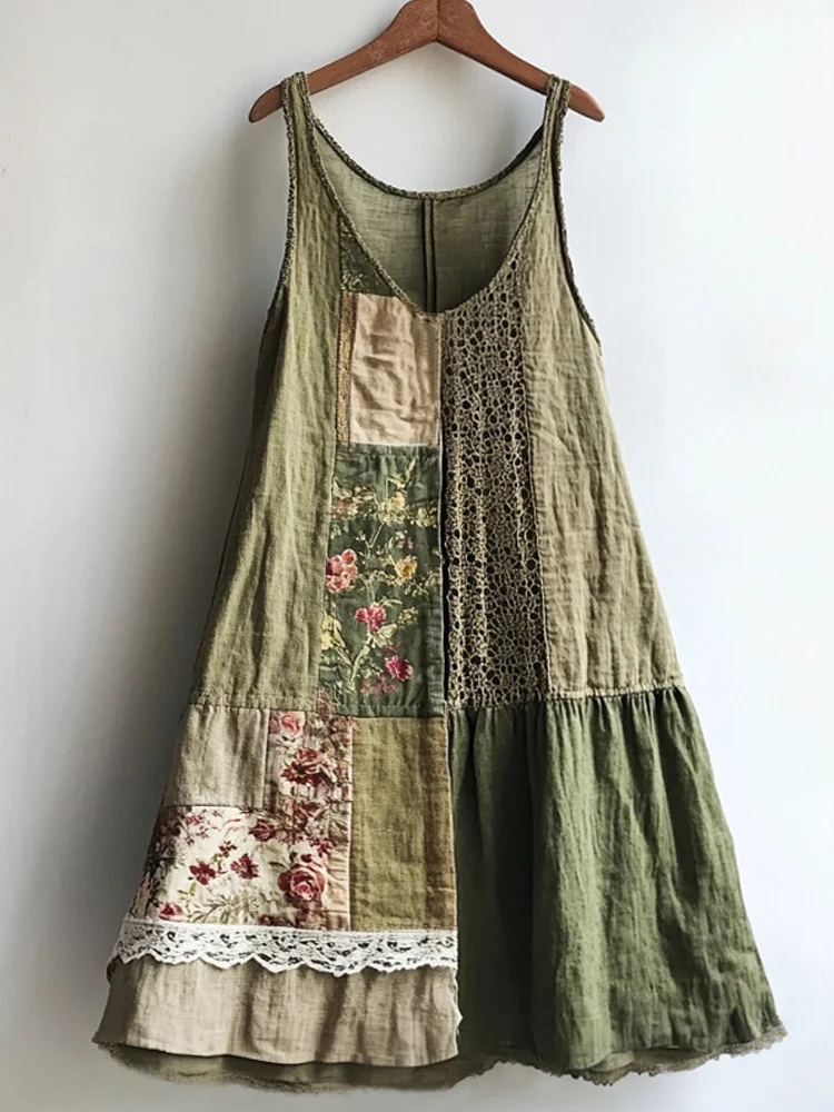 Utbros Vintage Floral Pattern Linen Blend Lace Patchwork Dress