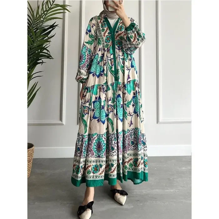 Fashion Contrast Color Ethnic Long Sleeve Stand Collar Printed Maxi Dress