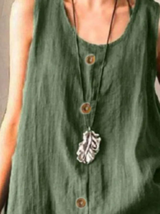 Green Buttoned Cotton-Blend Sleeveless Shirts & Tops