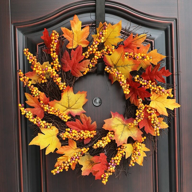 Autumn Wreath with Maple Leaf and Berry Thanksgiving Wreaths Outdoor Autumn Wreath、、sdecorshop