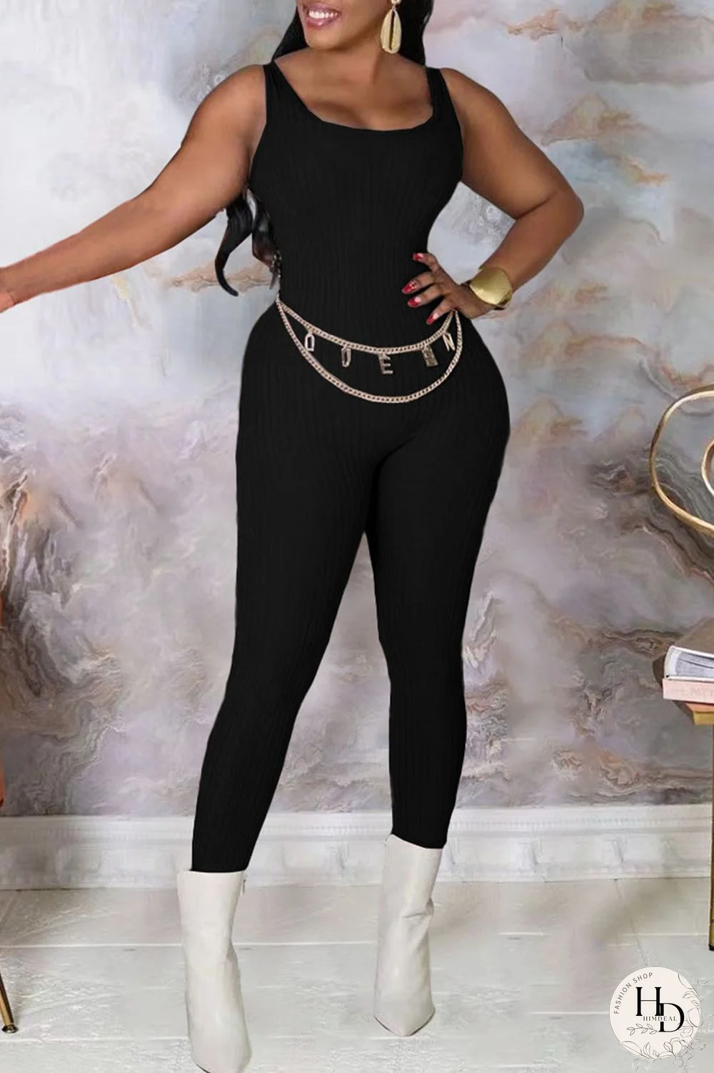 Black Sexy Solid Split Joint U Neck Regular Jumpsuits (Without Belt)