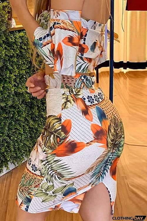 Print Off Shoulder Bodycon Skirt Set