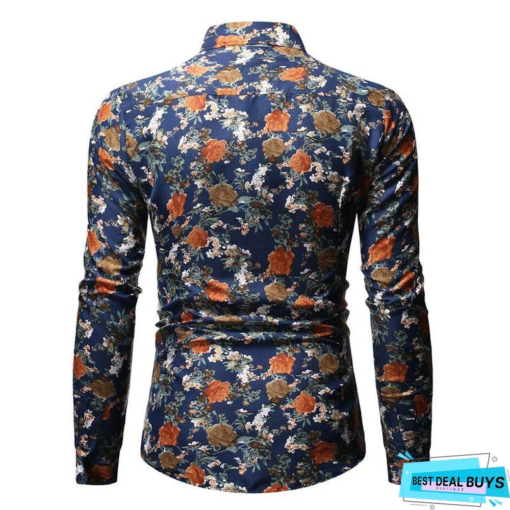 Aliexpress Wish Hong New Style Foreign Trade Men's Wear Fashion Printed Fold-Down Collar Plus-Sized Men's Long-Sleeve Shirt