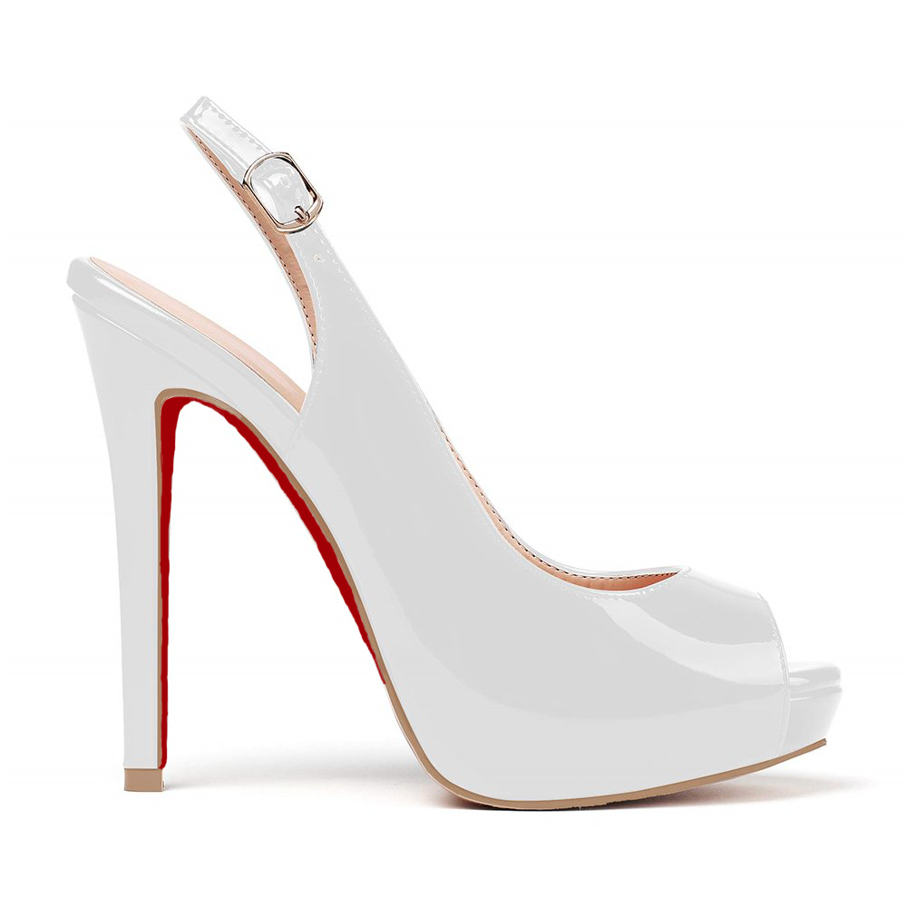120mm Red Bottom Strap Slingback Sandals Peep Toe Platform Stilettos White Patent Heels-MERUMOTE