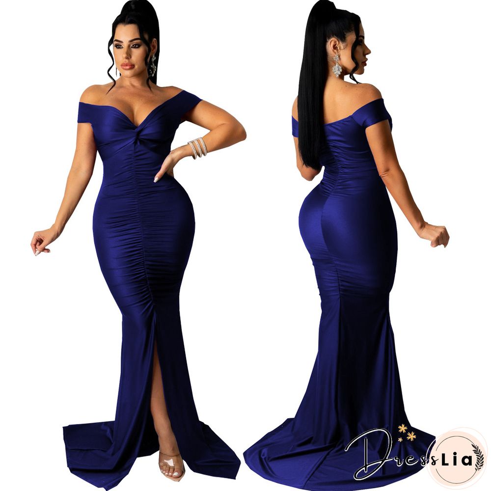 Low Cut Slash Neck Ruched Split Maxi Cocktail Dresses