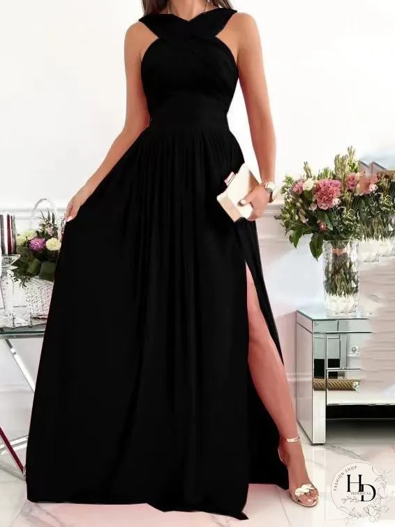 Dresses Halterneck Open Back Sleeveless Slit Dress for Women