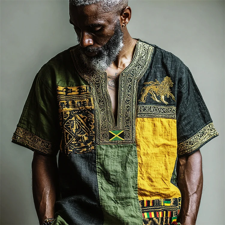 VChics Men's Reggae Lion & Jamaica Flag Embroidered Kente Patchwork Linen Shirt