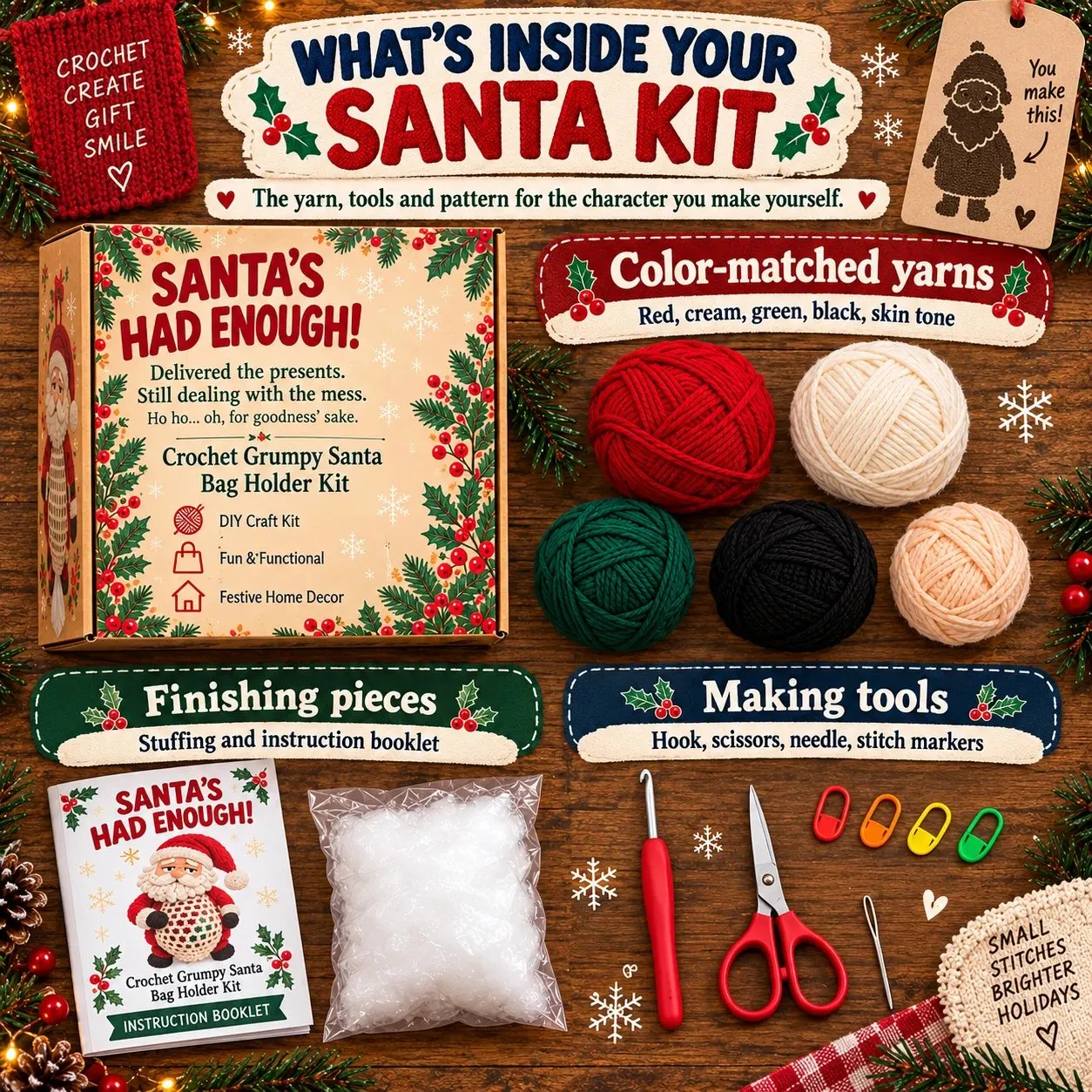 Santa kit contents image showing color-matched yarn, stuffing, instruction booklet, crochet hook, scissors, needle and stitch markers