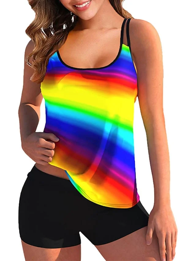 Women's Swimwear Tankini 2 Piece Normal Swimsuit Backless 2 Piece Printing Adjustable Print Multi Color Green Blue Rainbow White Padded Strap Bathing Suits Sexy Vacation Beach Wear | IFYHOME