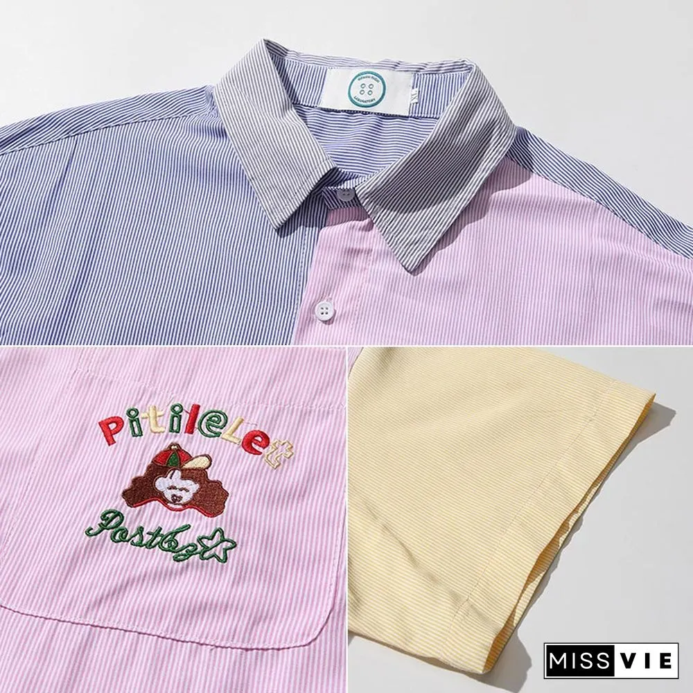 Vintage Colorblock Embroidery Pocket T-Shirt