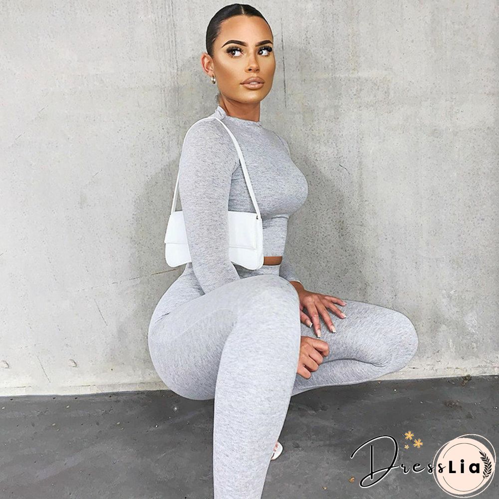 Women’s Suits Solid Long-Sleeves Short Top + High-Waist Skinny Pants Casual Outfits For Ladies Tracksuits Women Set