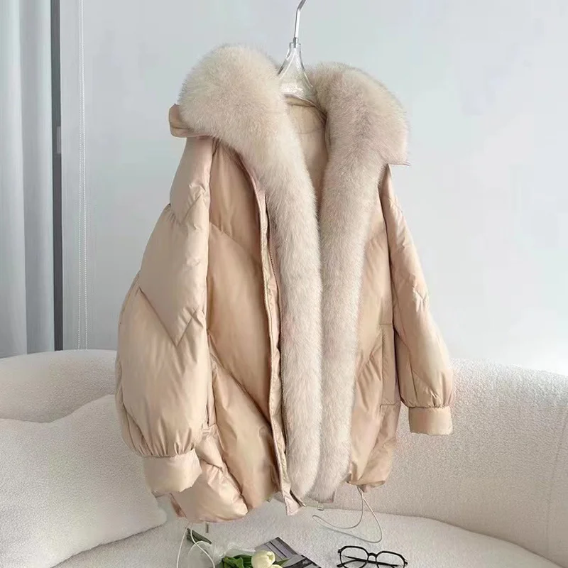 Woherb The New Winter 2024 Oversized Fox Fur Collar Loose Versatile Goose Down Female Long Style To Overcome The Coat Tide-Outfit Ideas