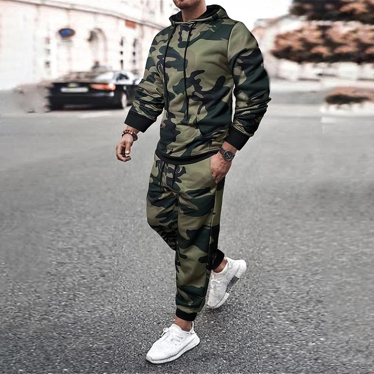 Broswear Green Camouflage Pattern Print Casual Tracksuit Two Piece Set