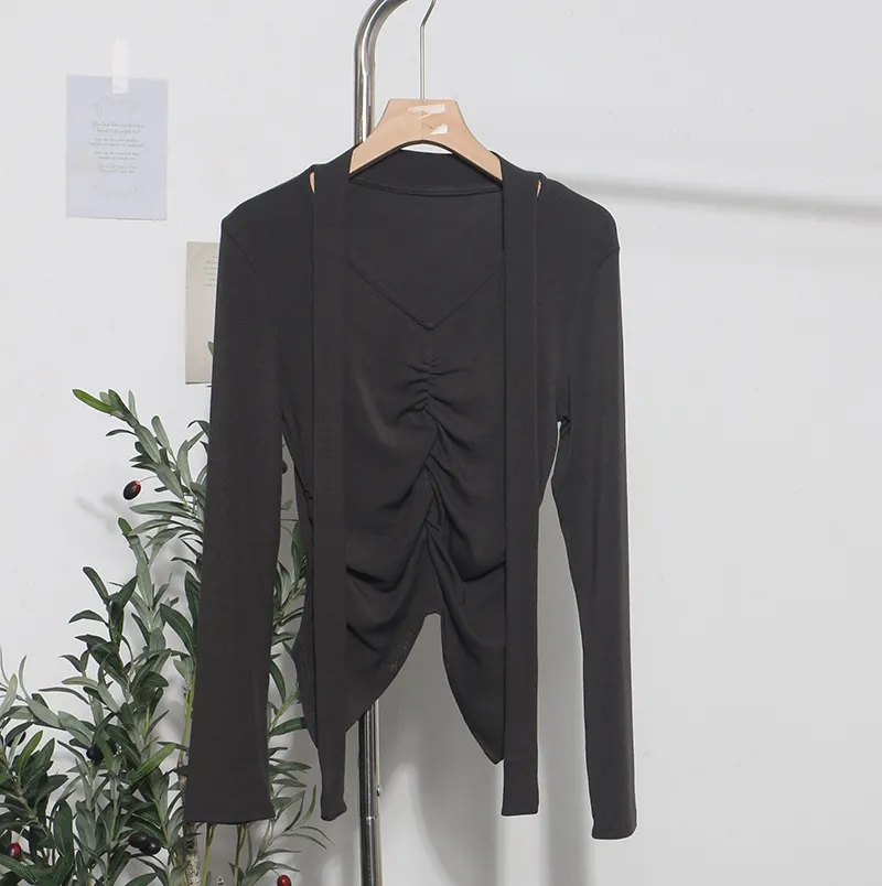 Uveng Real Shooting Explosion Long-Sleeved T-Shirt Girl Autumn Folded Waist-Bottomed Shirt V-Neck Ribbon Open Fork Short Top 9080