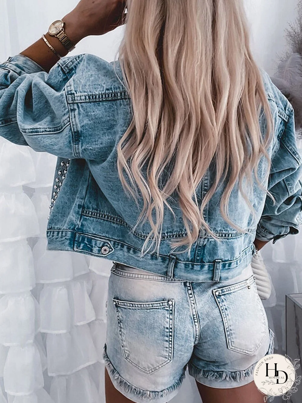 Sky Blue Rhinestone Embellished Denim Shacket