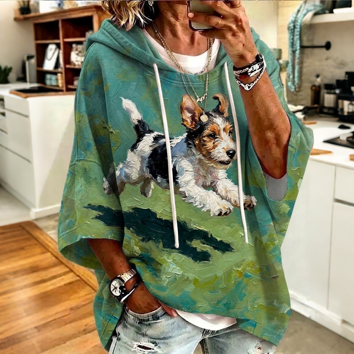 Comstylish Women's Cute Unique Oil‑painting Running Terrier Art Print Hooded Sweatshirt