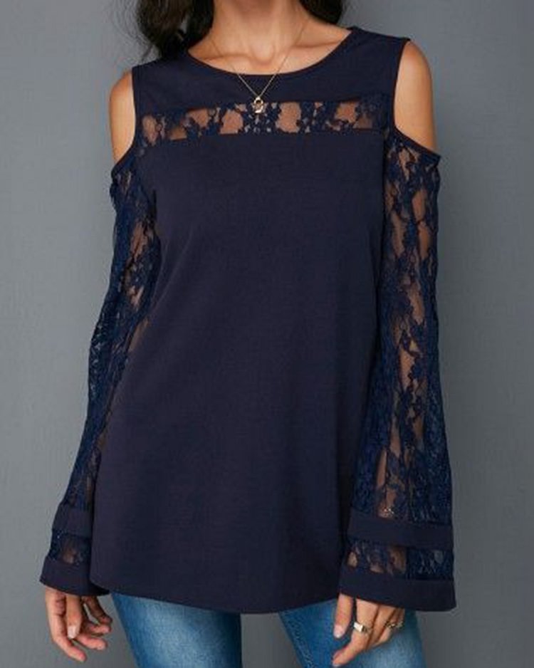 Blue Polyester Lace Panel Feminine Long Sleeve Top