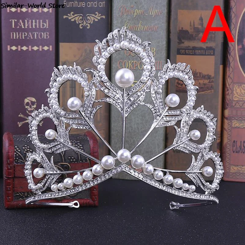 Gorgeous Large Round Princess Peacock Wedding Hair Crown Bride Feather Pearl Rhinestone Diadem Pageant Veil Tiara Hair Ornaments