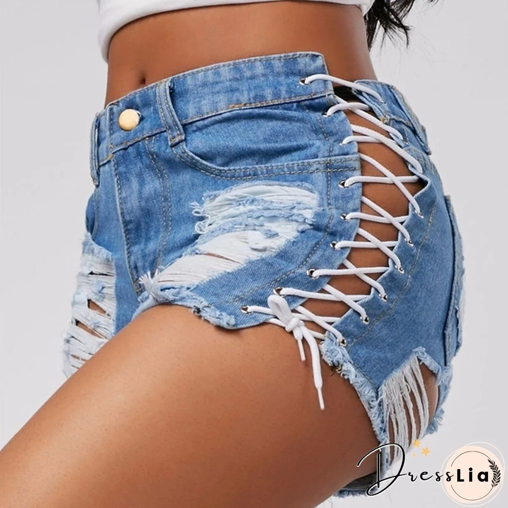 Sexy Summer Women Denim Shorts Blue High Waist Ripped Short Jeans Femme Tassel Lace Up Bandage Shorts