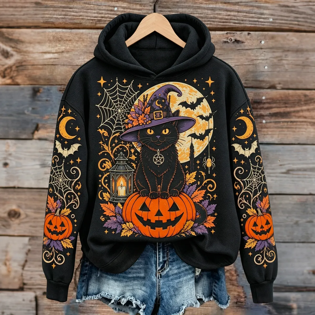 Comstylish Women's Halloween Black Cat And Pumpkin Print Casual Hoodie