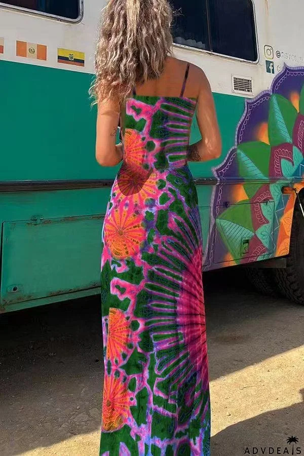 Tie-dye Printed Strappy Stretch Dress