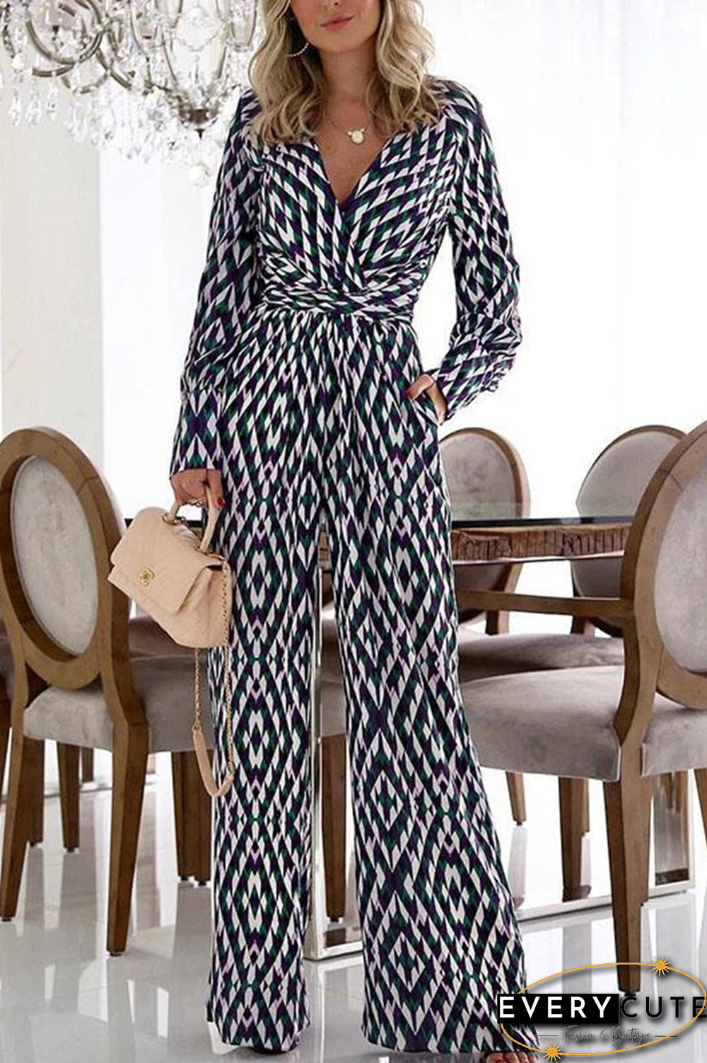 Casual Print Split Joint V Neck Boot Cut Jumpsuits