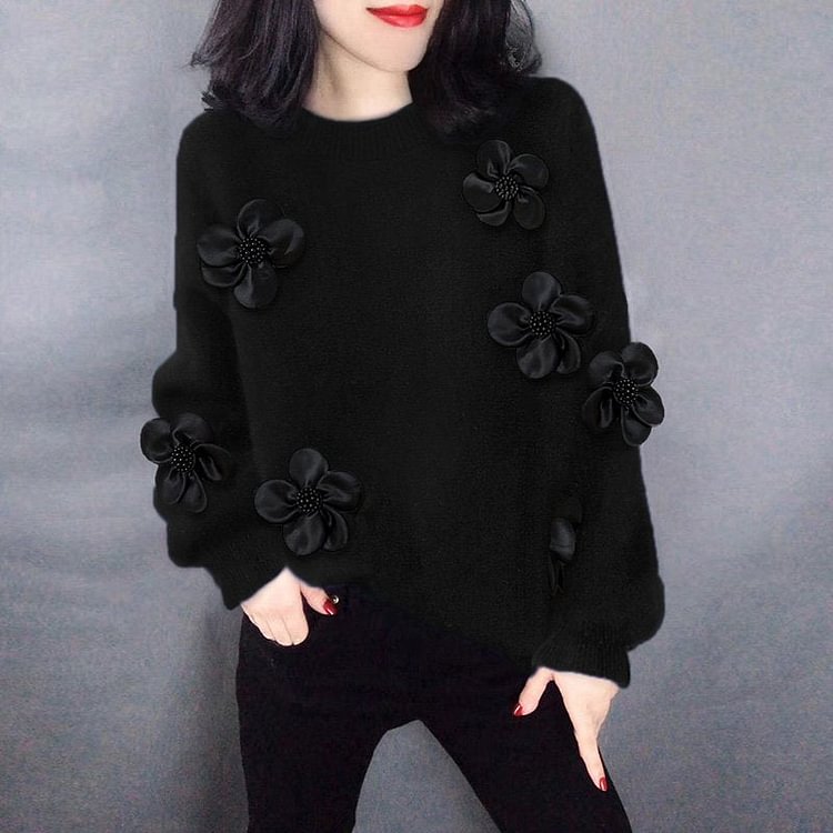 Black Shift Floral Appliqued Casual Sweater