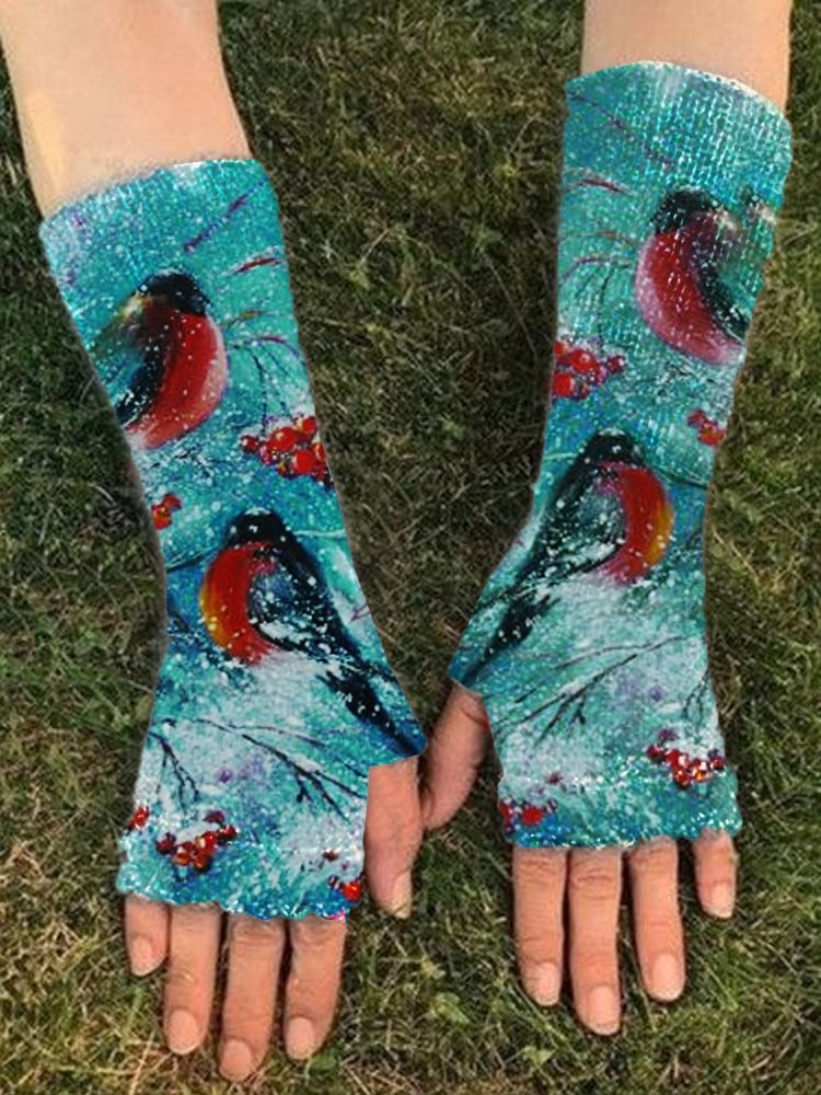 Casual bird print warm gloves
