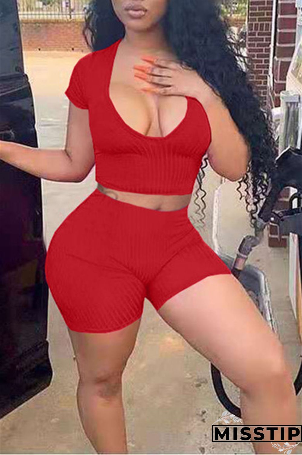 Orange Fashion Casual Solid Basic V Neck Short Sleeve Two Pieces