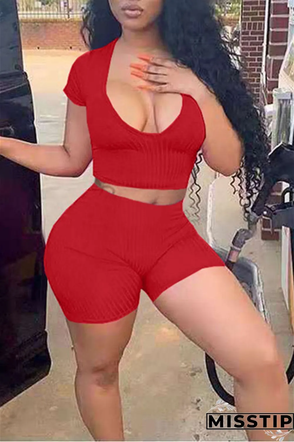 Orange Fashion Casual Solid Basic V Neck Short Sleeve Two Pieces