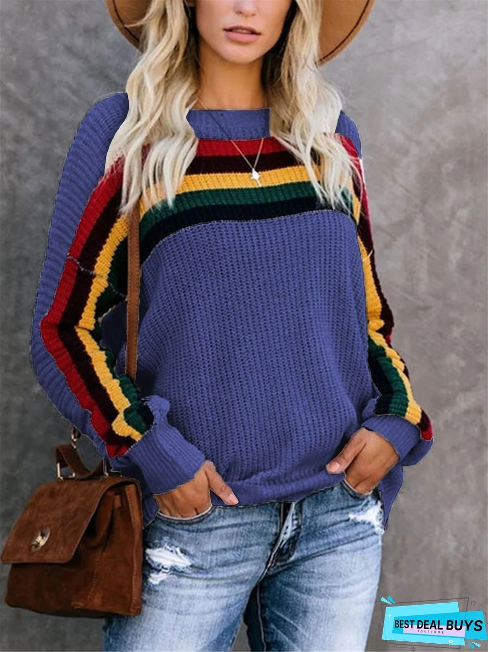 Stripes Knitted Crew Neck Long Sleeve Sweater