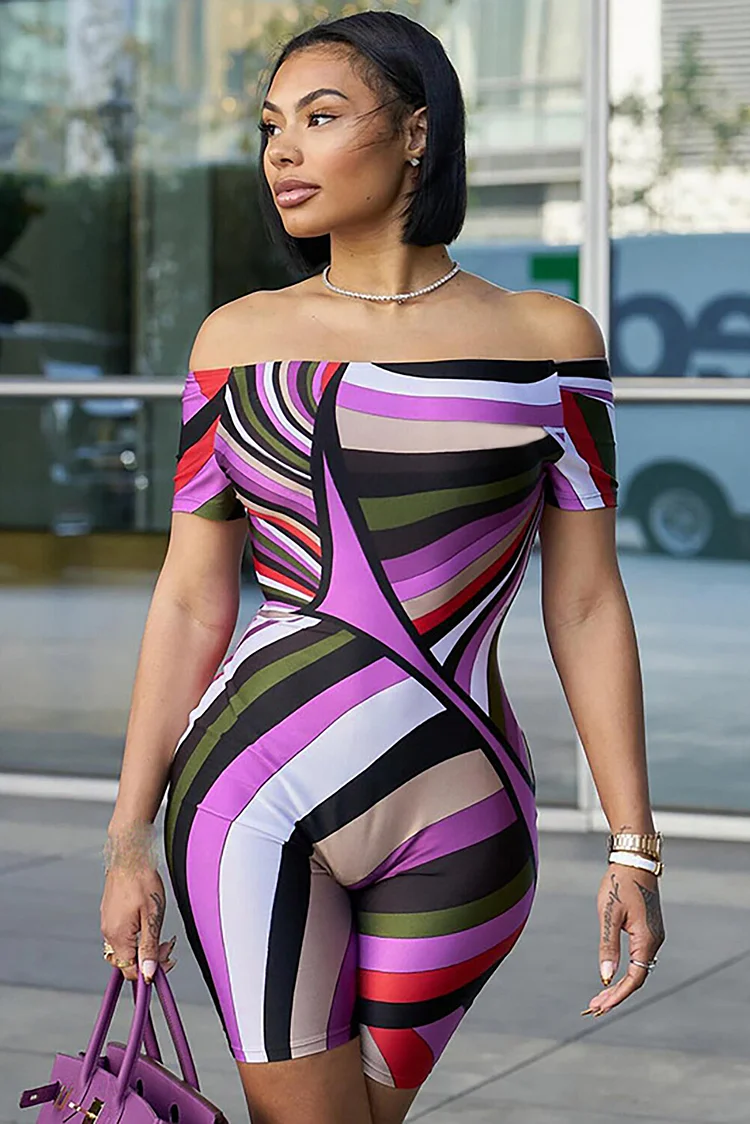 Multicolor Print Off Shoulder Short Sleeve Slim Fit Playsuit Romper-Purple