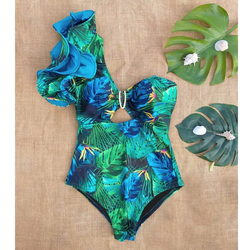 2020 New Sexy Ruffle Print Floral One Piece Strappy One shoulder Swimwear Women Swimsuit Bathing Suit Backless Beachwear Monkini