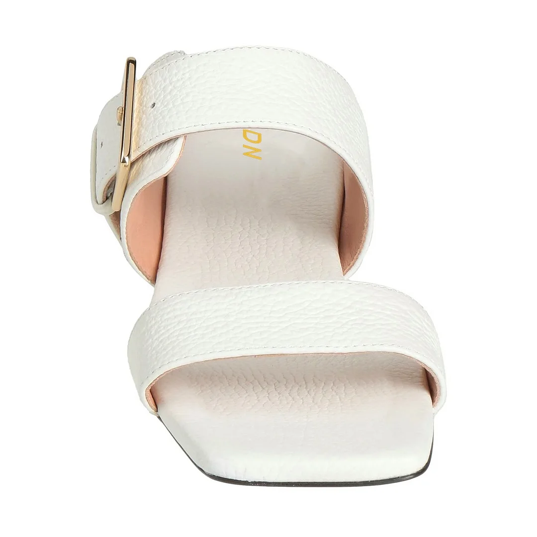 Classic White Square Toe Flat Women's Mules Shoes with Buckle
