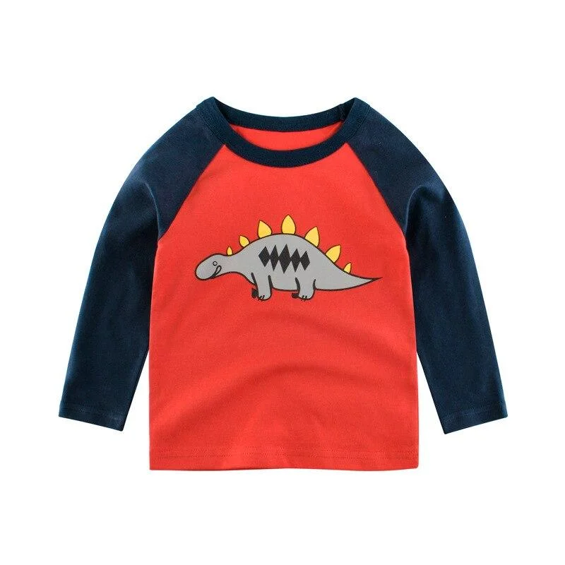 2-8 Years Kids T-shirts Boys Dinosaur Print Tops Girls Splice Long Sleeve T Shirt Children Autumn Winter Solid Cotton Sweatshirt
