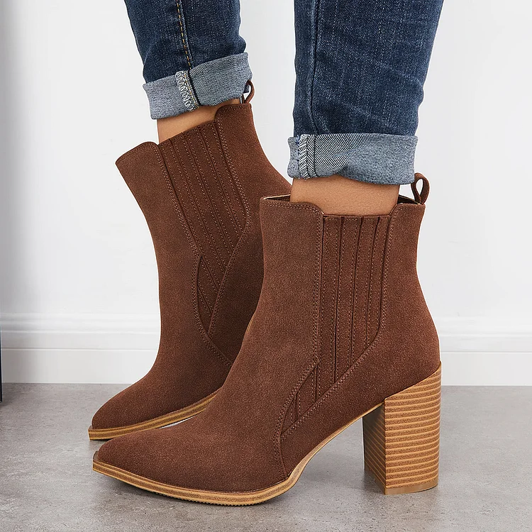 Pointed Toe Chunky Stacked Heel Ankle Boots Slip On Booties