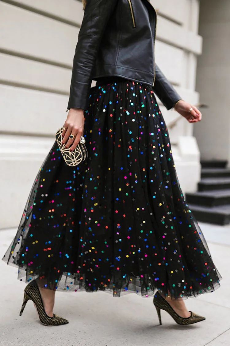 Plus Size Party Skirt Black Sequin Mesh Tulle Skirt [Pre-Order]