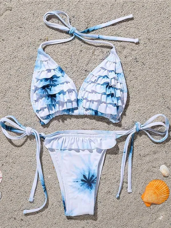 Sexy Triangles Ruffled Bandage Split Bikini Swimsuit