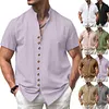 Camicia da uomo a maniche corte in cotone e lino con collo alto e bottoni