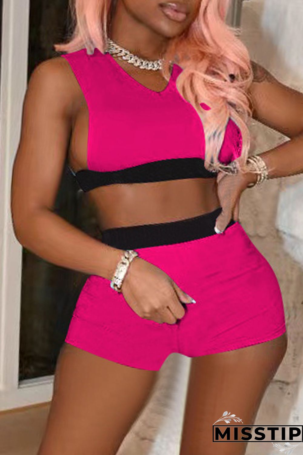Rose Red Fashion Casual Solid Patchwork Sleeveless Two Pieces