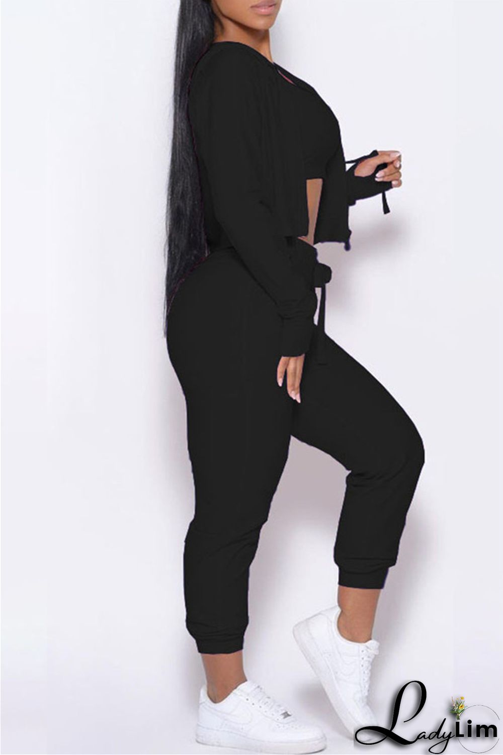 Pink Casual Sportswear Solid Cardigan Vests Pants Long Sleeve Three-piece Set