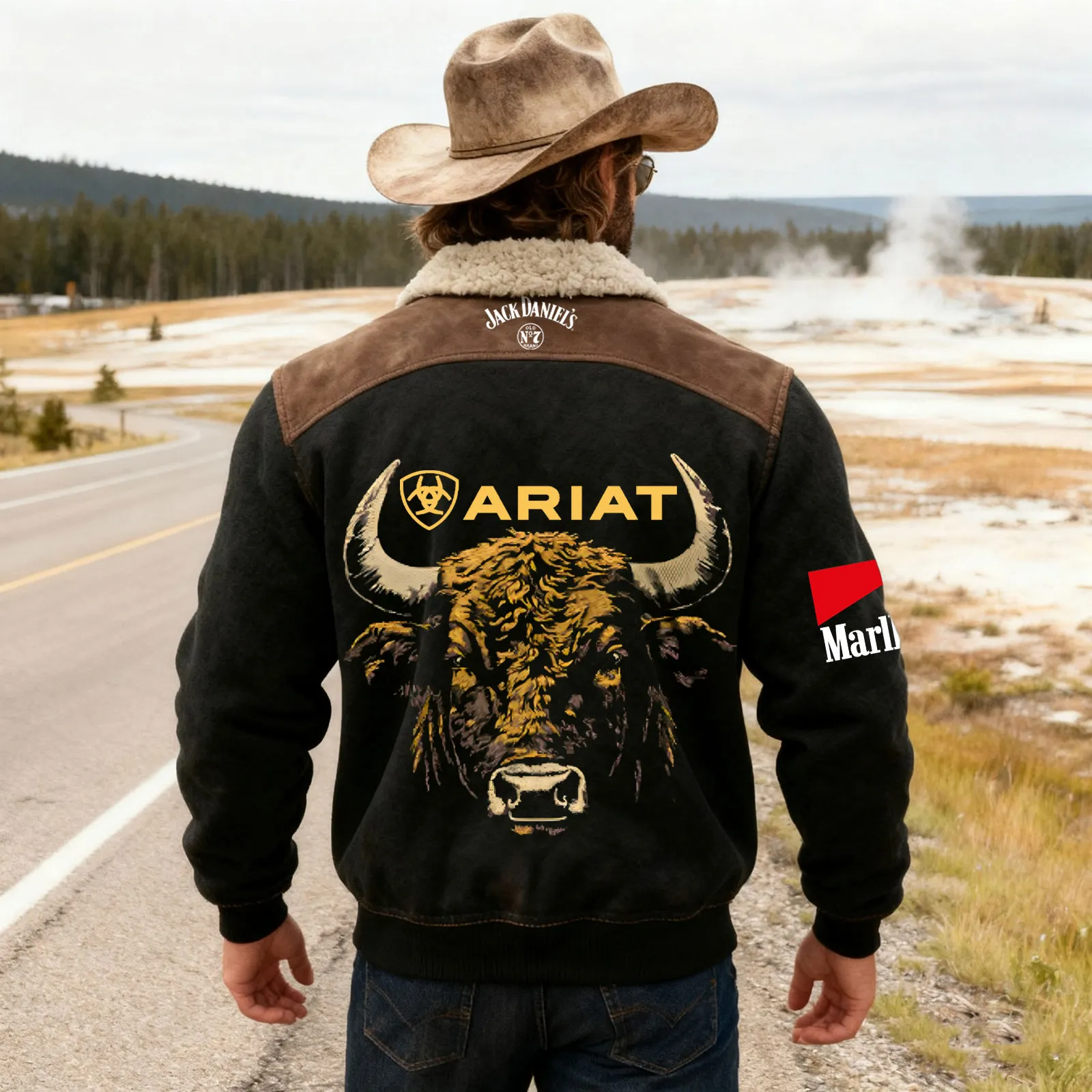 Men's Western Style Pullover Sweatshirt With Buffalo Pattern And Contrasting Sleeves