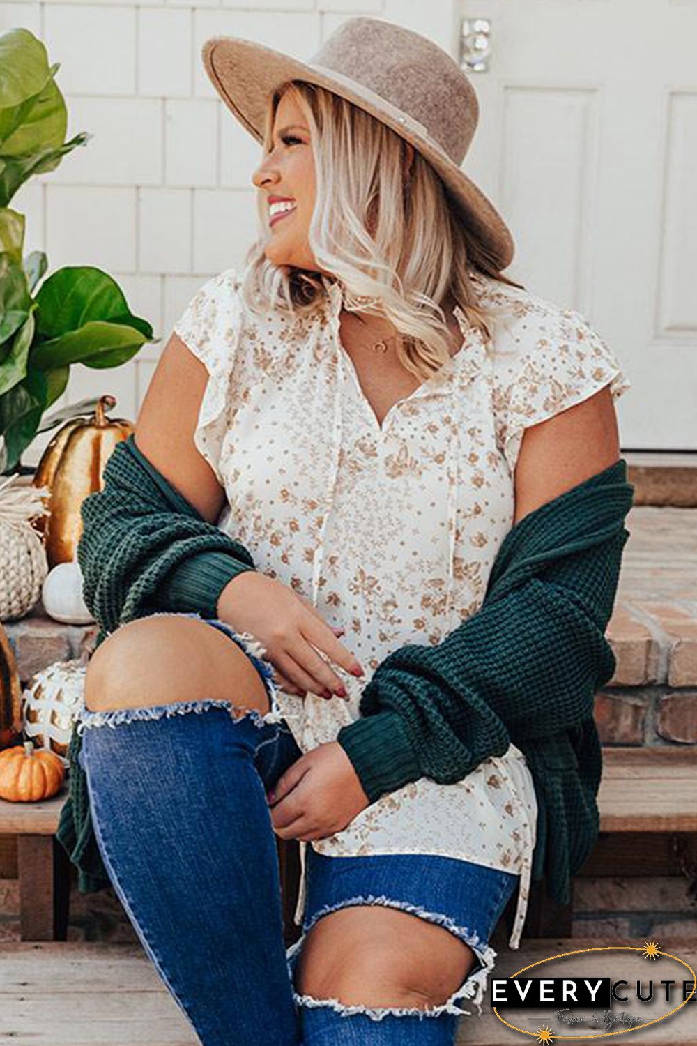 Ruffled Floral Print Plus Size Top